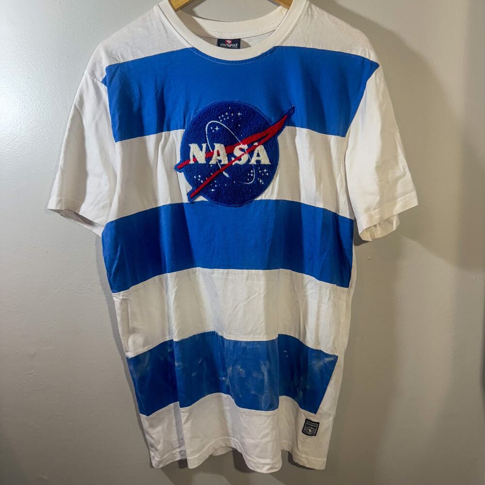 Vintage Southpole NASA T-Shirt Y2K Striped Graphic Tee Patch Embroidered Large